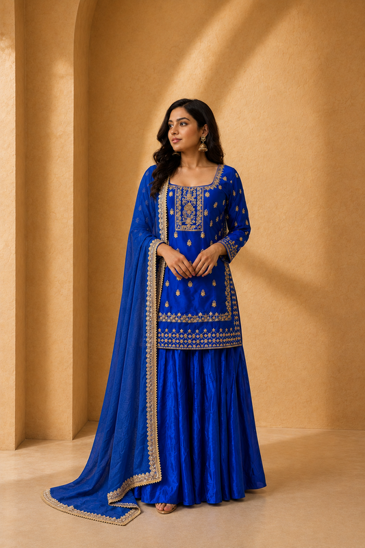 Royal Blue Silk Sharara Set