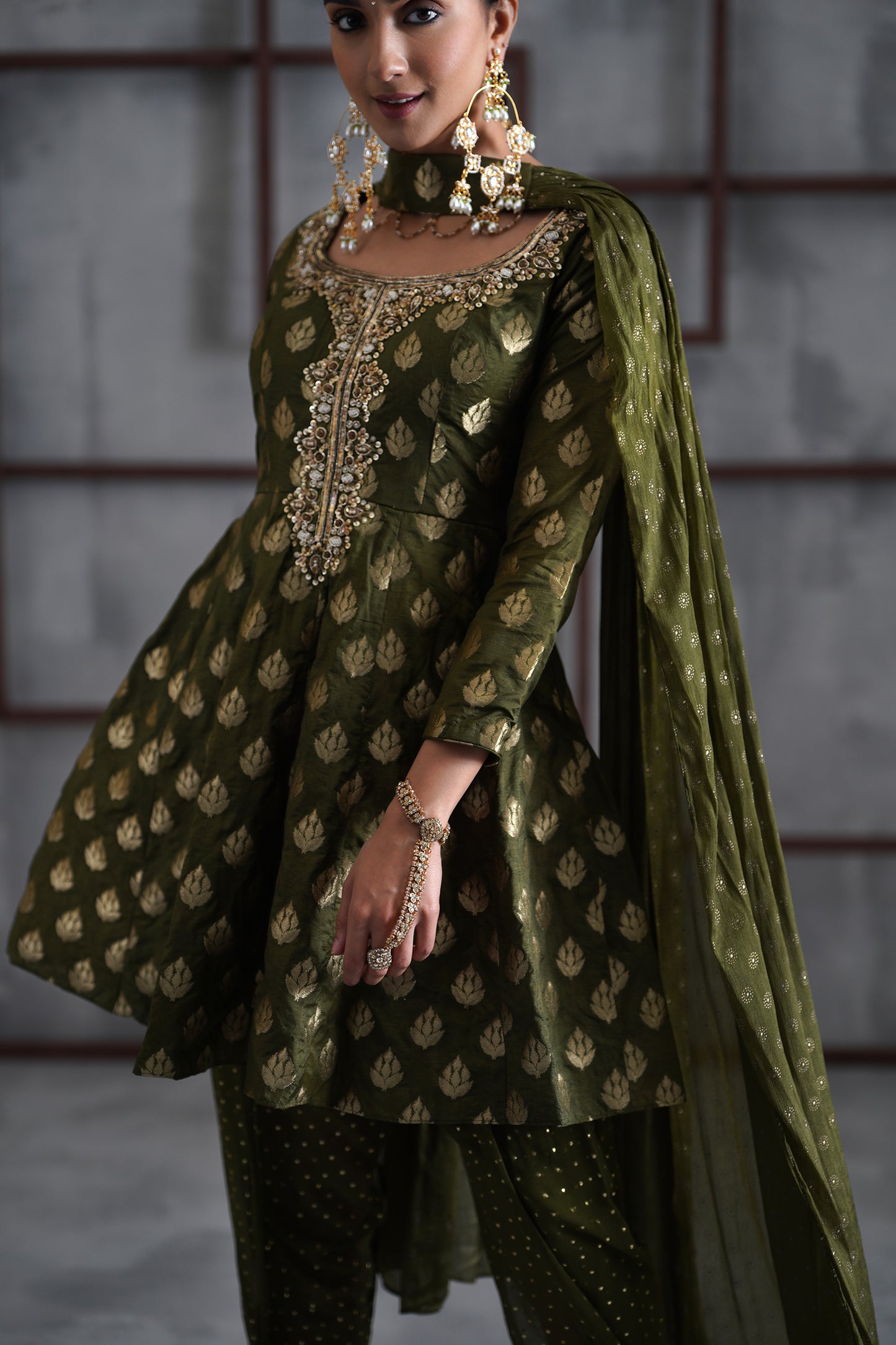 Olive Green Peplum, Tulip Salwar and Choker Dupatta