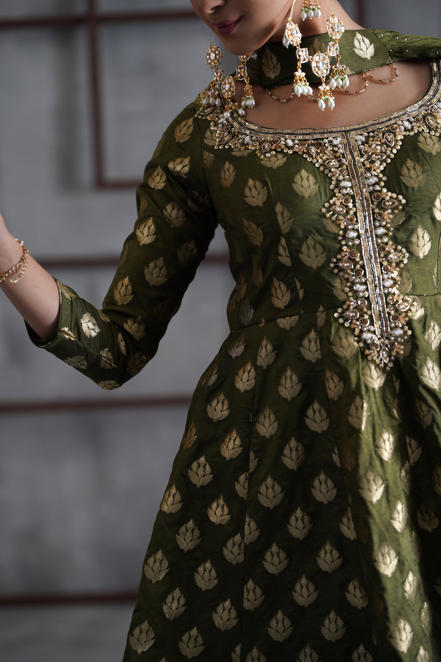 Olive Green Peplum, Tulip Salwar and Choker Dupatta