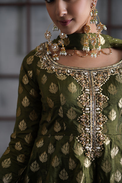Olive Green Peplum, Tulip Salwar and Choker Dupatta