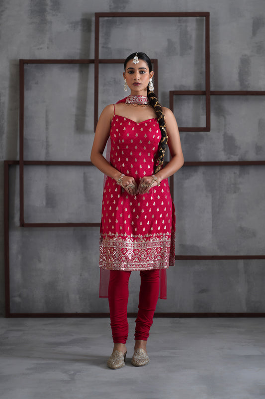 Fuchsia Kurti, Churidar and Choker Dupatta