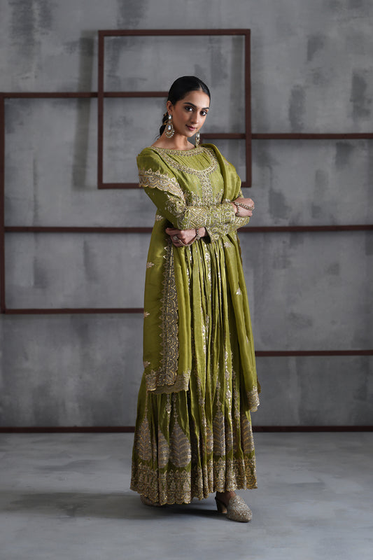 Mehendi Green Embroidered Anarkali, Churidar and Dupatta