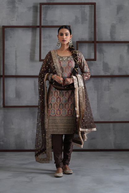 Brown Brocade Kurti , Churidar and Dupatta
