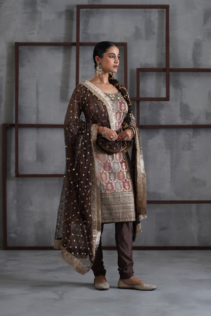 Brown Brocade Kurti , Churidar and Dupatta