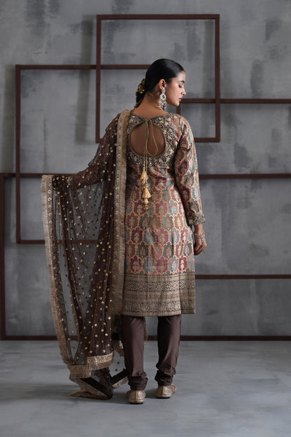 Brown Brocade Kurti , Churidar and Dupatta
