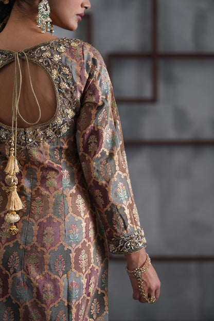 Brown Brocade Kurti , Churidar and Dupatta
