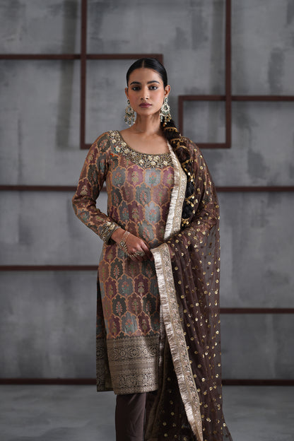 Brown Brocade Kurti , Churidar and Dupatta