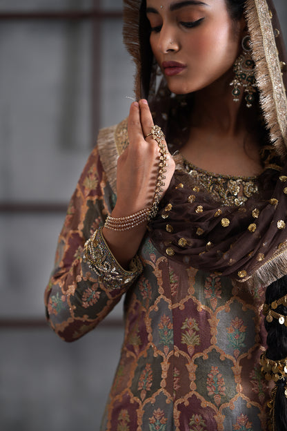 Brown Brocade Kurti , Churidar and Dupatta