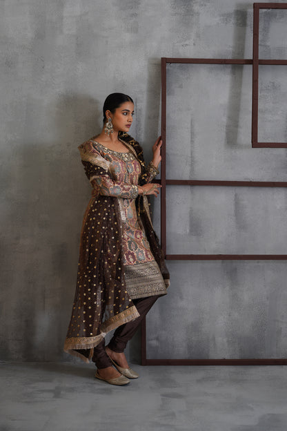 Brown Brocade Kurti , Churidar and Dupatta