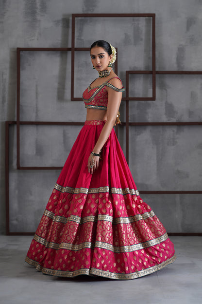 Hot pink Brocade blouse, Lehanga and Dupatta