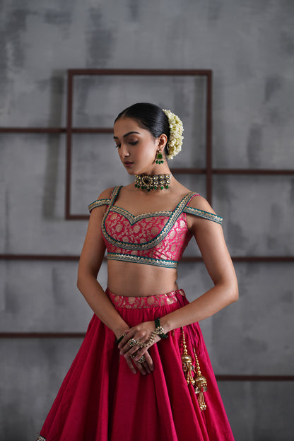 Hot pink Brocade blouse, Lehanga and Dupatta