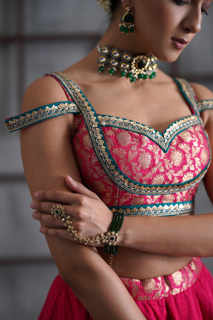 Hot pink Brocade blouse, Lehanga and Dupatta