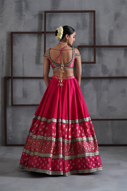 Hot pink Brocade blouse, Lehanga and Dupatta