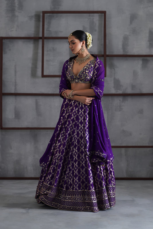 Purple Embroidered Blouse, Banarsi Lehanga and Dupatta