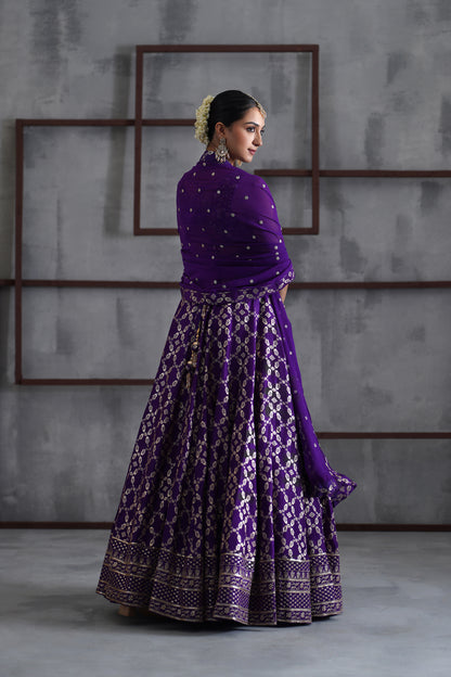 Purple Embroidered Blouse, Banarsi Lehanga and Dupatta