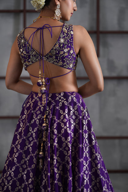 Purple Embroidered Blouse, Banarsi Lehanga and Dupatta