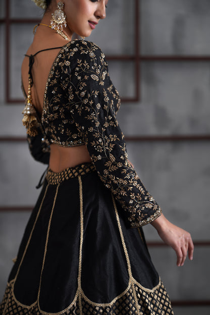 Black Embroidered Blouse, Brocade Lehenga and dupatta