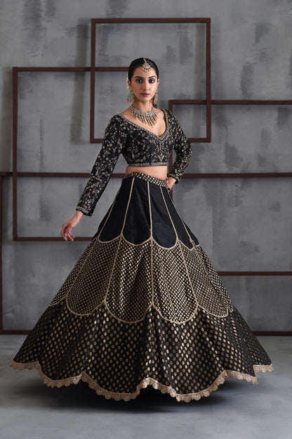 Black Embroidered Blouse, Brocade Lehenga and dupatta