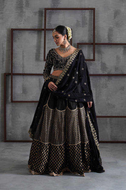 Black Embroidered Blouse, Brocade Lehenga and dupatta