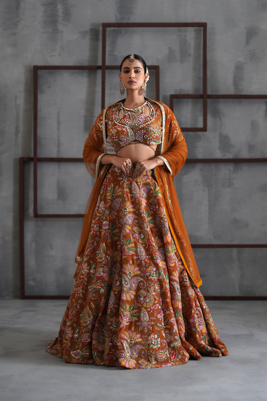 Mustard Printed Blouse, Lehenga and Dupatta