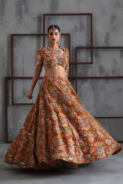Mustard Printed Blouse, Lehenga and Dupatta