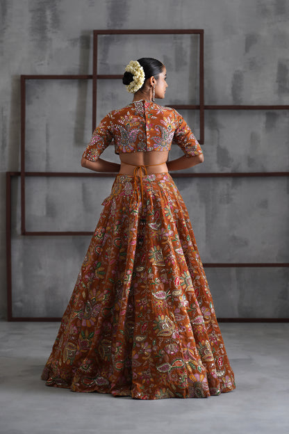 Mustard Printed Blouse, Lehenga and Dupatta