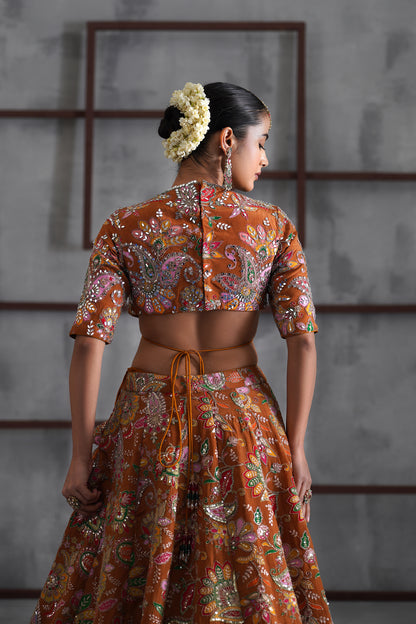 Mustard Printed Blouse, Lehenga and Dupatta