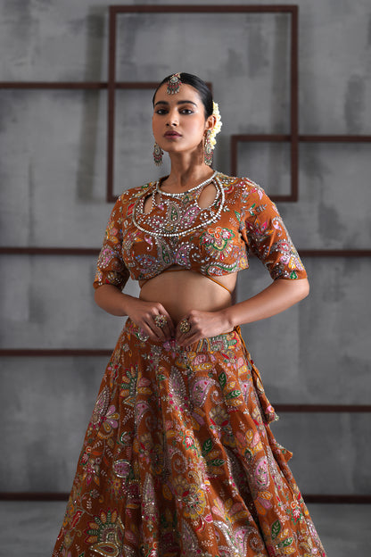 Mustard Printed Blouse, Lehenga and Dupatta