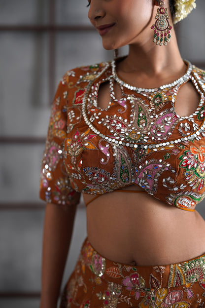 Mustard Printed Blouse, Lehenga and Dupatta
