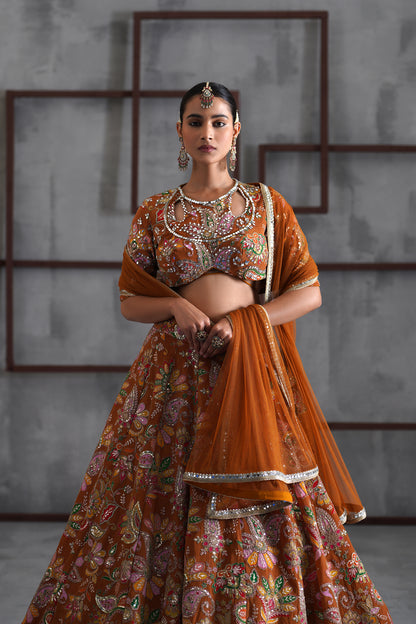 Mustard Printed Blouse, Lehenga and Dupatta