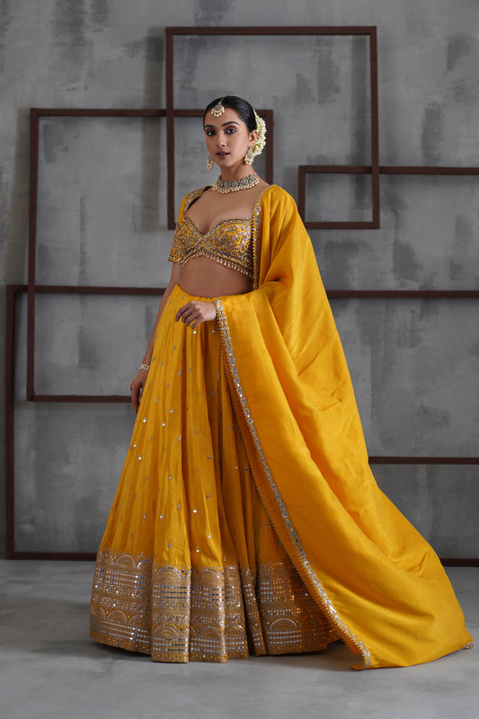 Yellow Embroidered Blouse, Lehenga and Dupatta