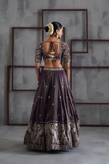 Purple Tissue Embroidered Blouse, Lehenga and Dupatta