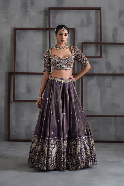 Purple Tissue Embroidered Blouse, Lehenga and Dupatta