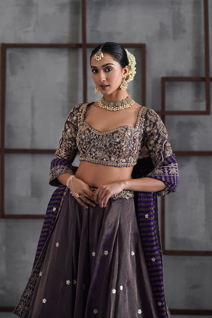 Purple Tissue Embroidered Blouse, Lehenga and Dupatta