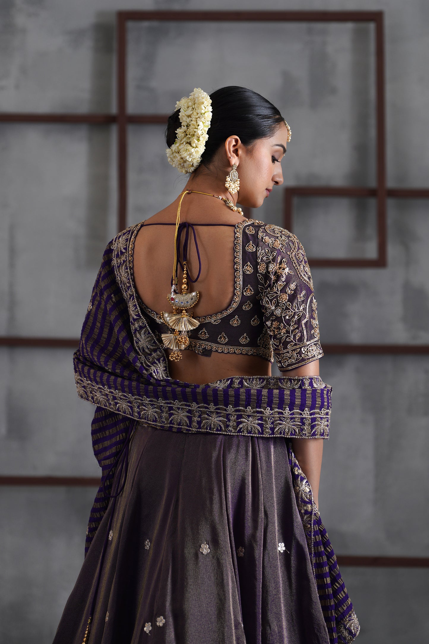 Purple Tissue Embroidered Blouse, Lehenga and Dupatta