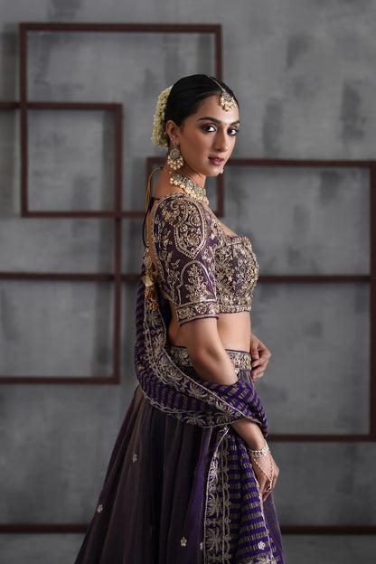 Purple Tissue Embroidered Blouse, Lehenga and Dupatta