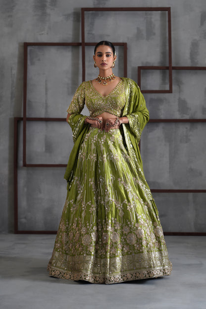 Green Embroidered Blouse, Lehenga and Dupatta