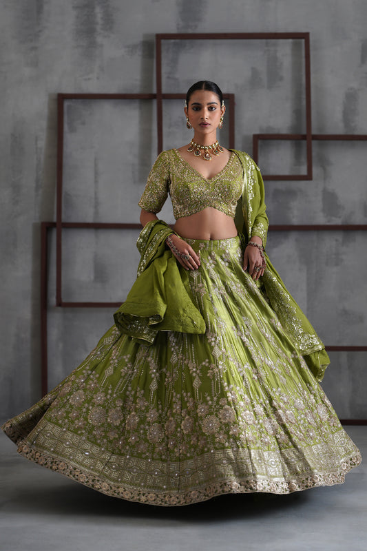 Green Embroidered Blouse, Lehenga and Dupatta