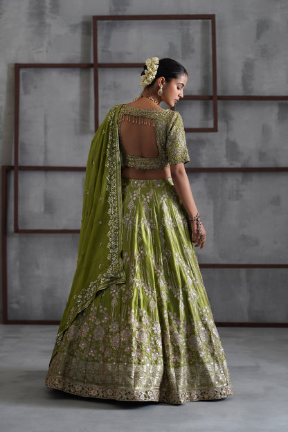 Green Embroidered Blouse, Lehenga and Dupatta