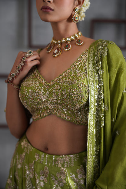 Green Embroidered Blouse, Lehenga and Dupatta