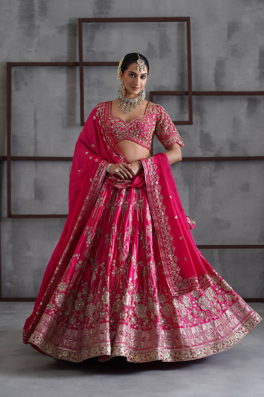 Fuchsia embroidered blouse, lehenga and dupatta