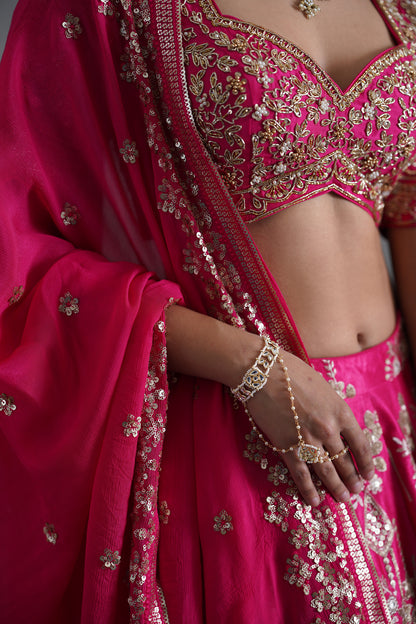 Fuchsia embroidered blouse, lehenga and dupatta