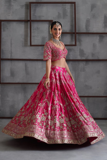 Fuchsia embroidered blouse, lehenga and dupatta