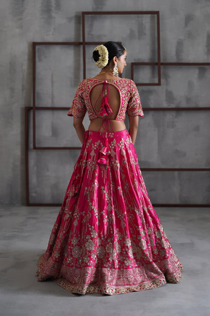 Fuchsia embroidered blouse, lehenga and dupatta
