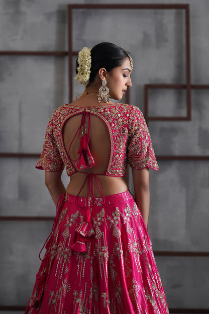 Fuchsia embroidered blouse, lehenga and dupatta