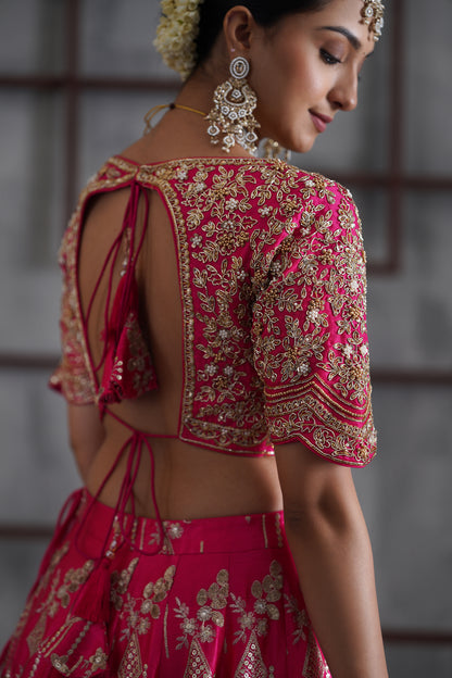 Fuchsia embroidered blouse, lehenga and dupatta