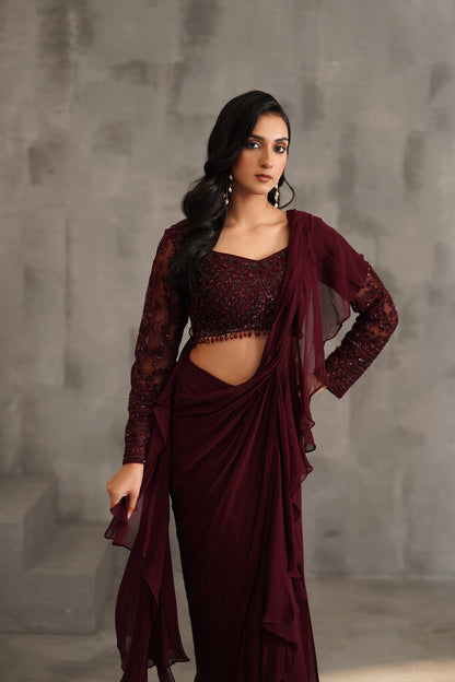 Wine Embroidered Blouse and Draped Ruffle Saree