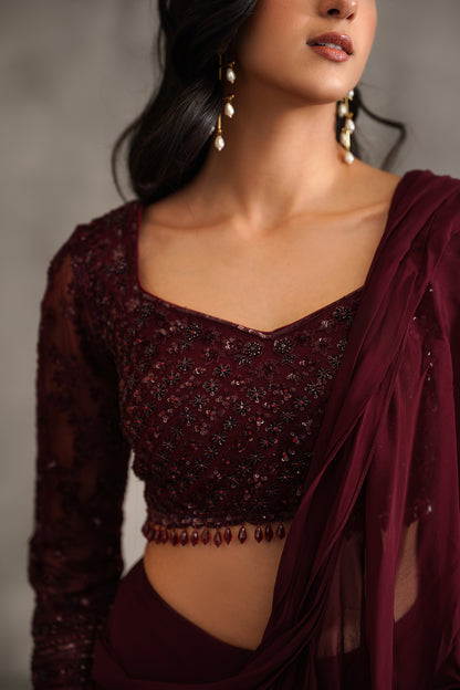 Wine Embroidered Blouse and Draped Ruffle Saree