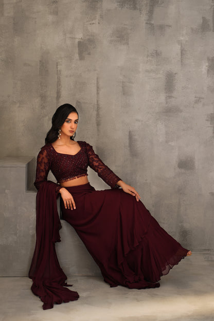 Wine Embroidered Blouse and Draped Ruffle Saree