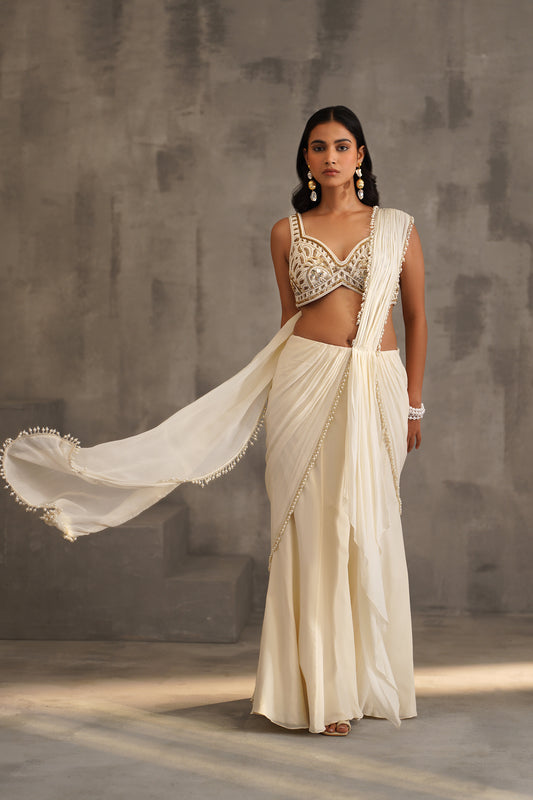 Ivory Embroidered Blouse and Draped Saree